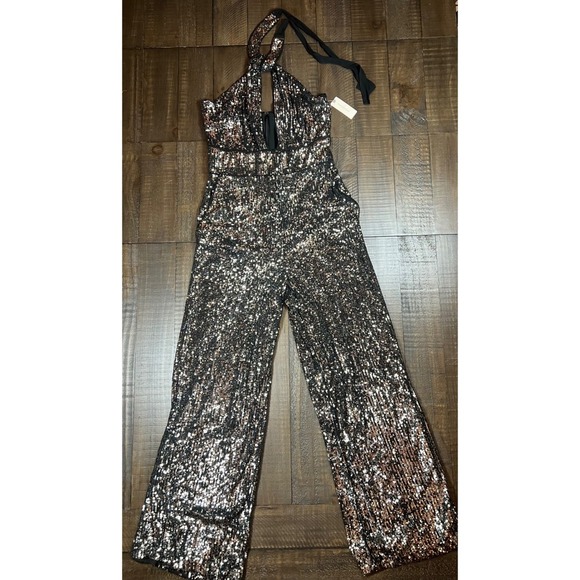 NWT Anthropologie Maeve Sequin Halter Jumpsuit, Carbon Sparkles, Size 14 - Picture 5 of 16